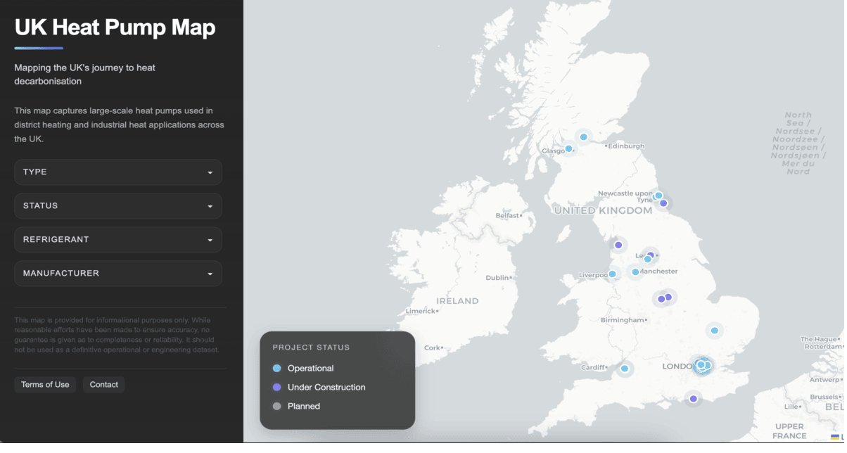 Interactive map of UK large-scale heat pump projects, showing district heating and industrial decarbonisation installations plotted across the United Kingdom